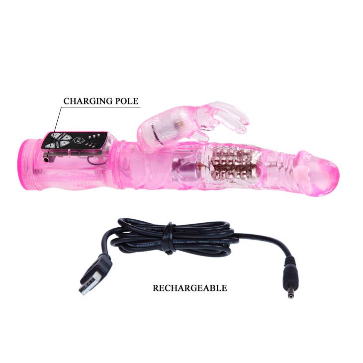 Розовый вибратор-ротатор Jelly vibrator with pearls - 21,5 см.